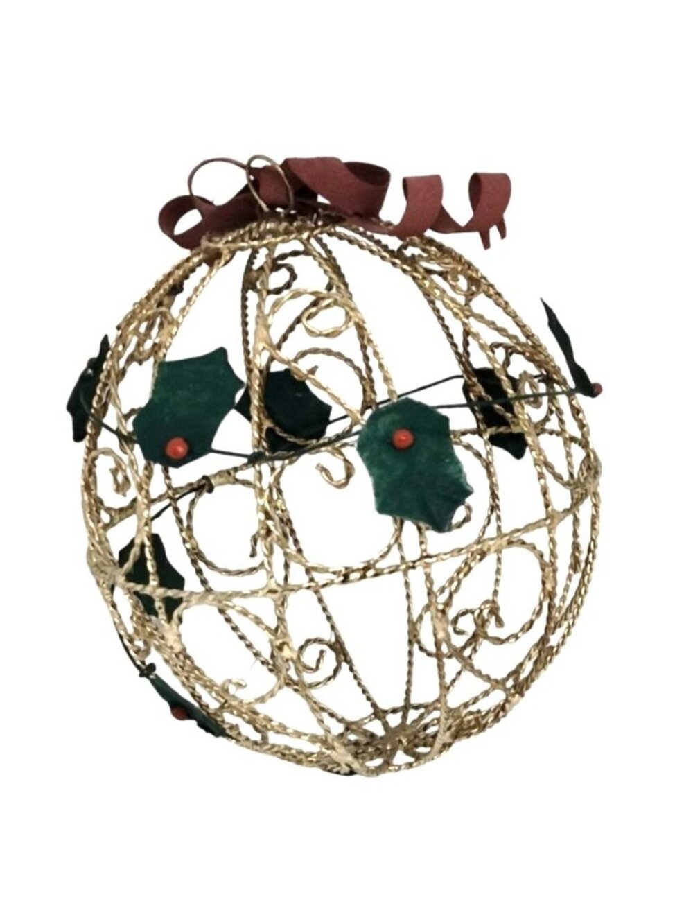 Gild Wire Filigree Christmas Ornament Holly Red Metal Bow